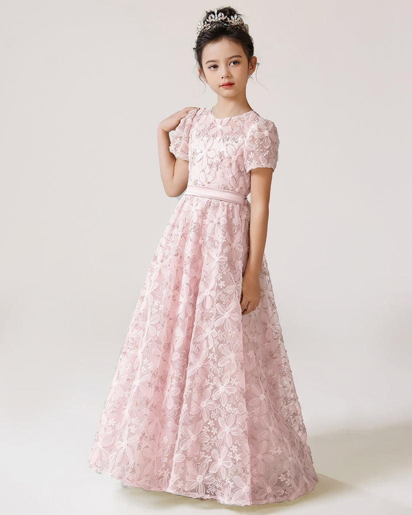 Blush Pink Lace A-line Girls Formal Dress Side View
