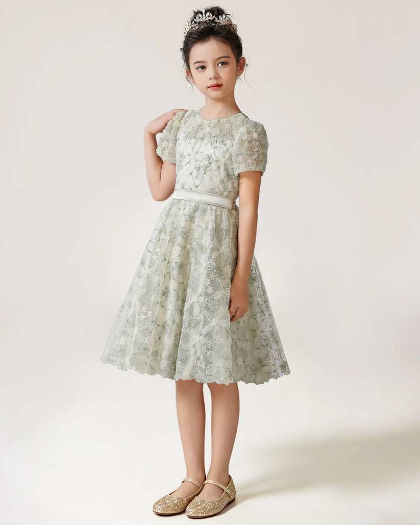 Sage Green Lace A-line Girls Formal Dress Front View