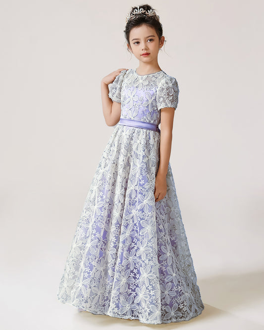 Purple Lace A-line Girls Formal Dress Front View