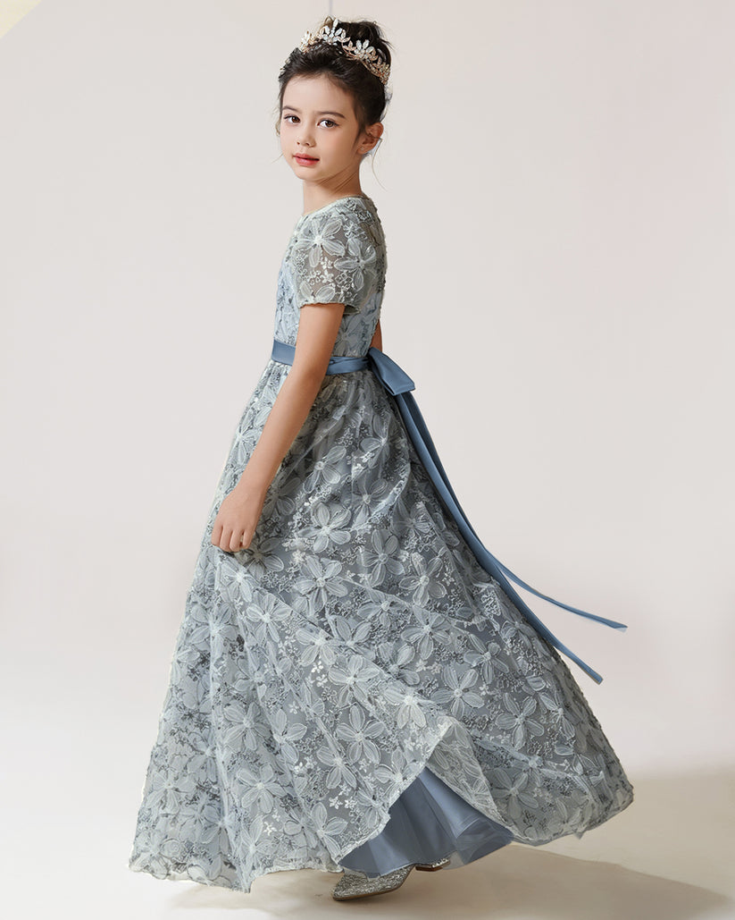 Sage Green Lace A-line Girls Formal Dress Side View