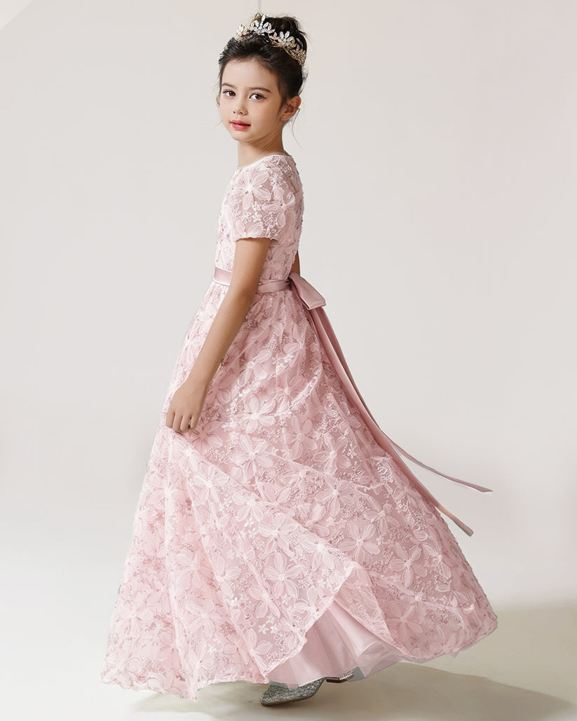 Blush Pink Lace A-line Girls Formal Dress Side View