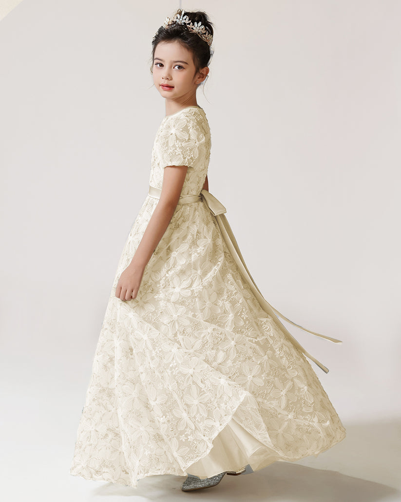 Ivory Lace A-line Girls Formal Dress Side View