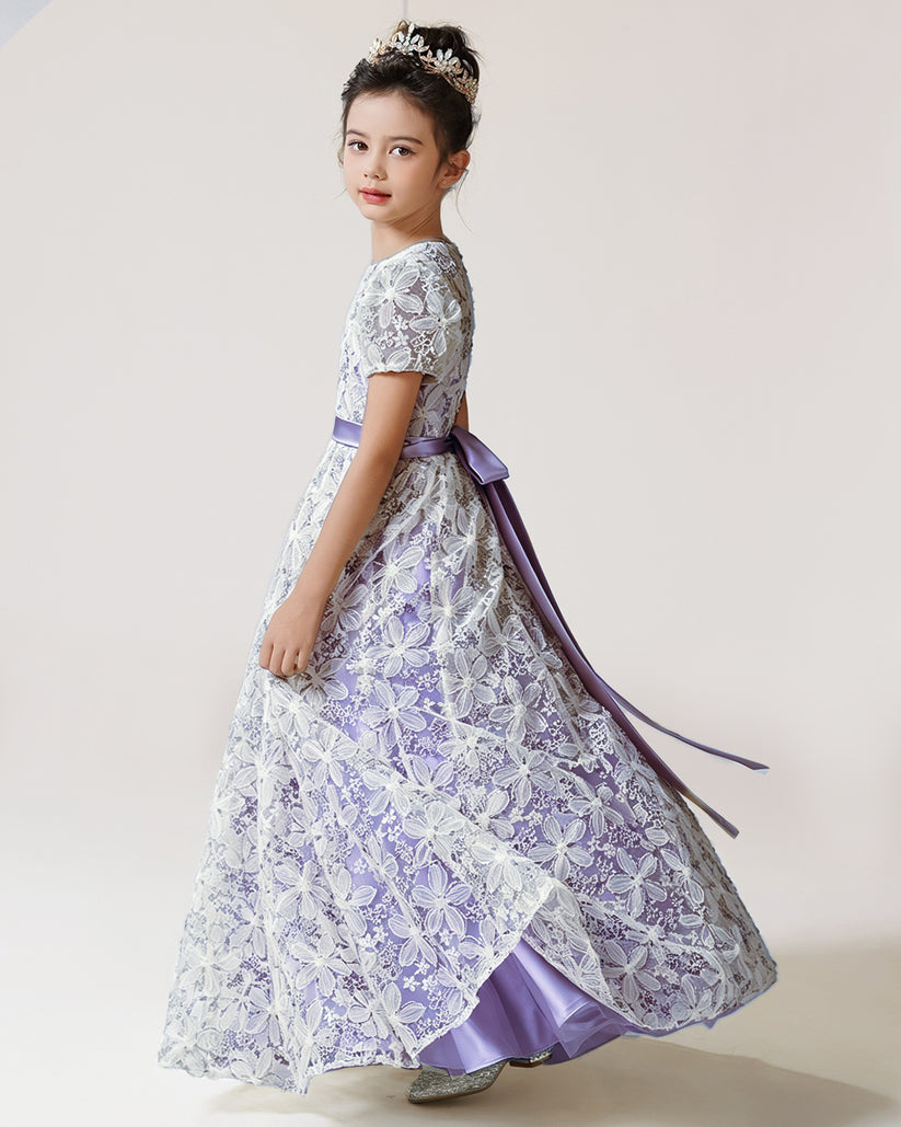 Purple Lace A-line Girls Formal Dress Side View