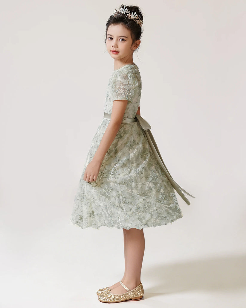 Sage Green Lace A-line Girls Formal Dress Side View