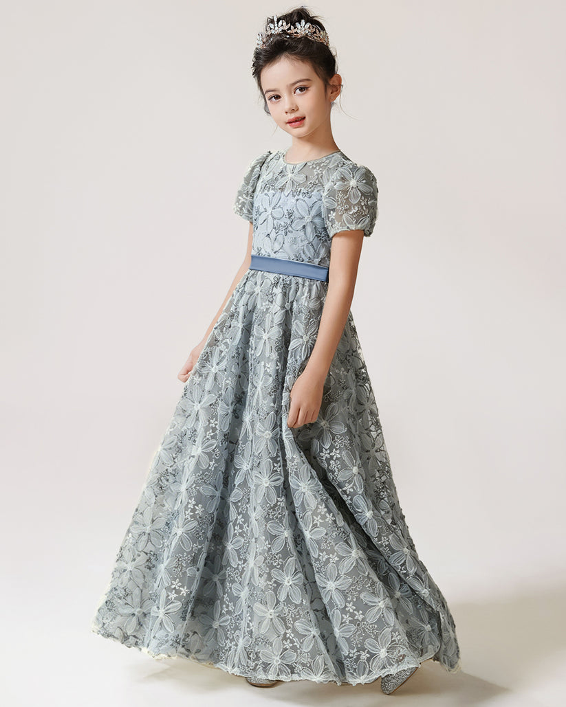 Sage Green Lace A-line Girls Formal Dress Front View
