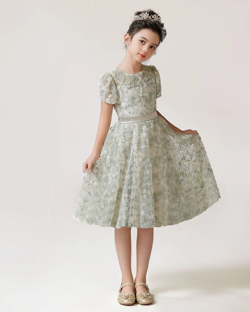 Sage Green Lace A-line Girls Formal Dress Front View
