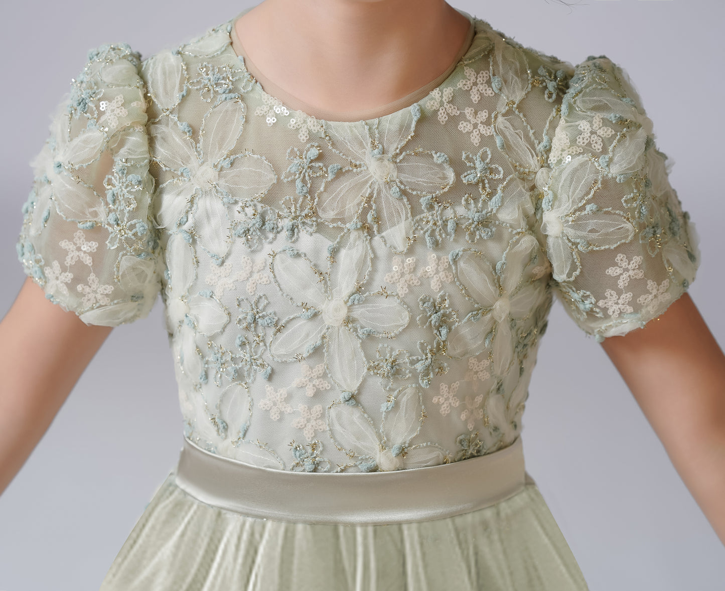 2025 Spring 3D Flowers Embroidery Lace Appliqued Puff Tulle Short Wedding Guest Dress for Girls Puffy Sleeves Girls Birthday Party Dress