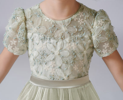 2025 Spring 3D Flowers Embroidery Lace Appliqued Puff Tulle Short Wedding Guest Dress for Girls Puffy Sleeves Girls Birthday Party Dress