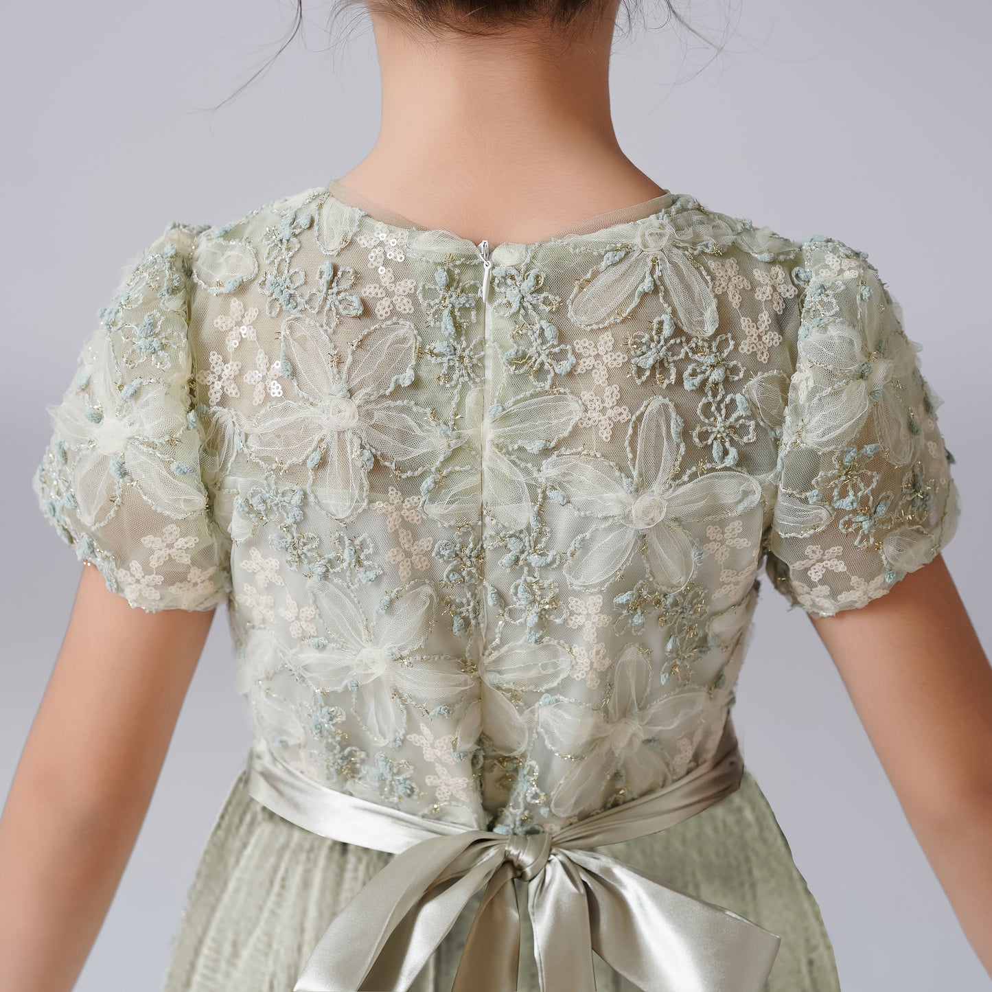 2025 Spring 3D Flowers Embroidery Lace Appliqued Puff Tulle Short Wedding Guest Dress for Girls Puffy Sleeves Girls Birthday Party Dress
