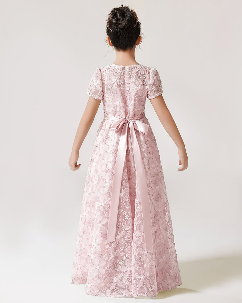 Blush Pink Lace A-line Girls Formal Dress Back View