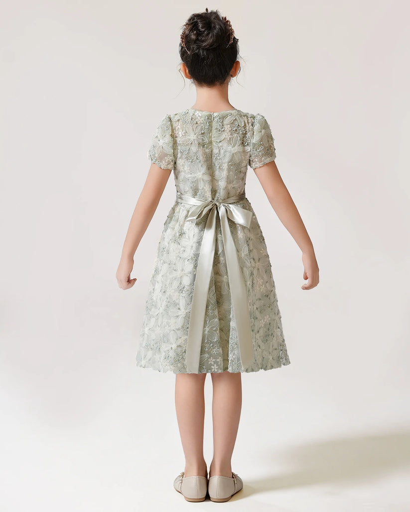 Sage Green Lace A-line Girls Formal Dress Back View