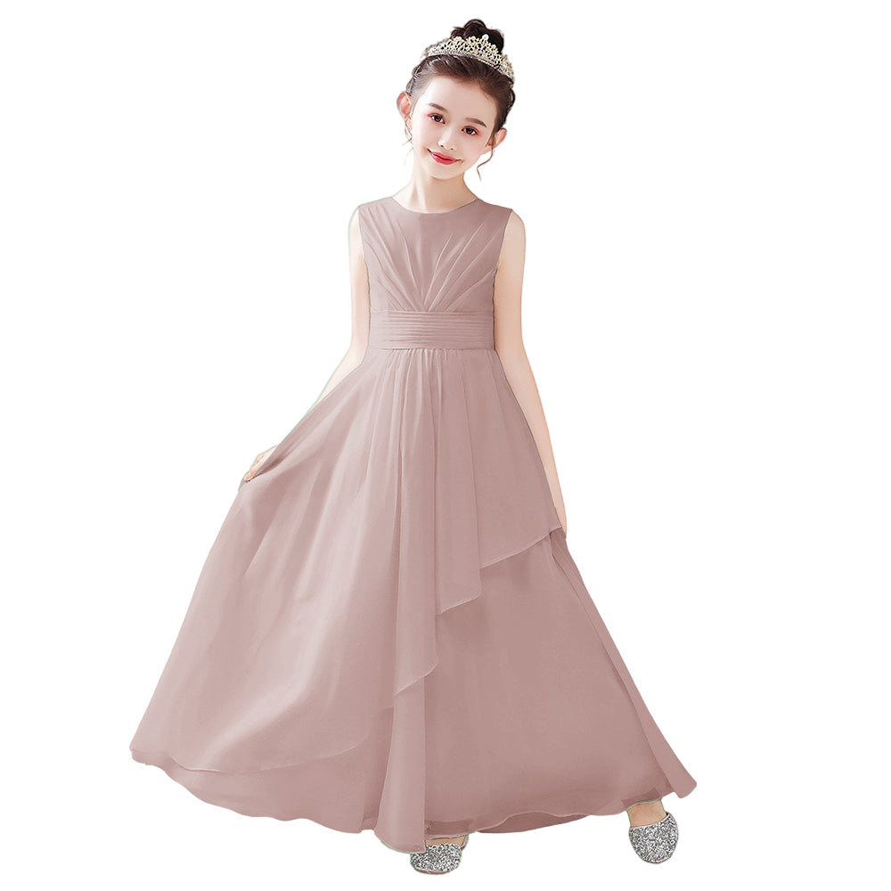 Dideyttawl White Junior Bridesmaid  Dress Chiffon Sleeveless Floor Length Gown