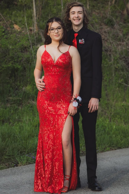 Sequin Spaghetti Straps Mermaid Red Prom Dress