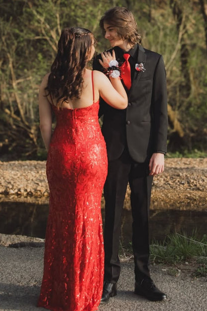 Sequin Spaghetti Straps Mermaid Red Prom Dress