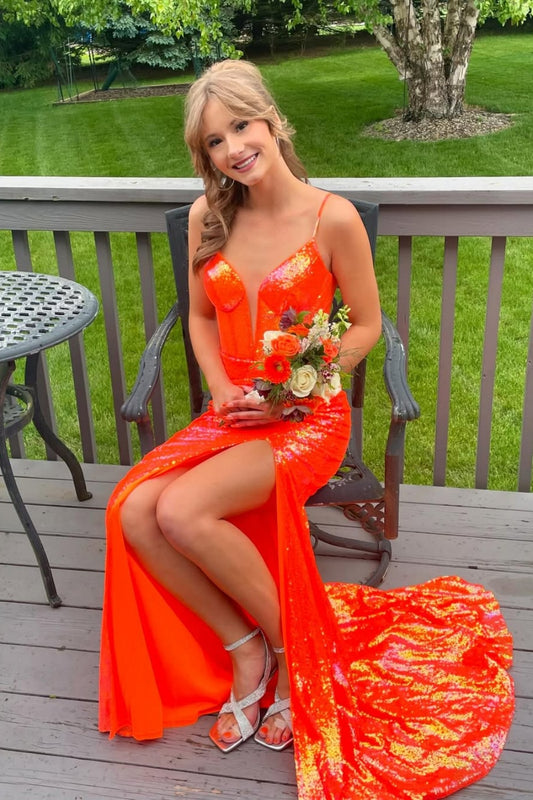 Sequin Orange Plunging V-neck Prom Dress with Slit