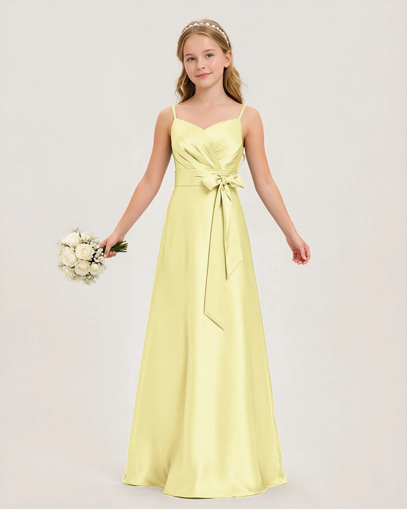 Daffodil Yellow Satin A-line Junior Bridesmaid Dress Front View