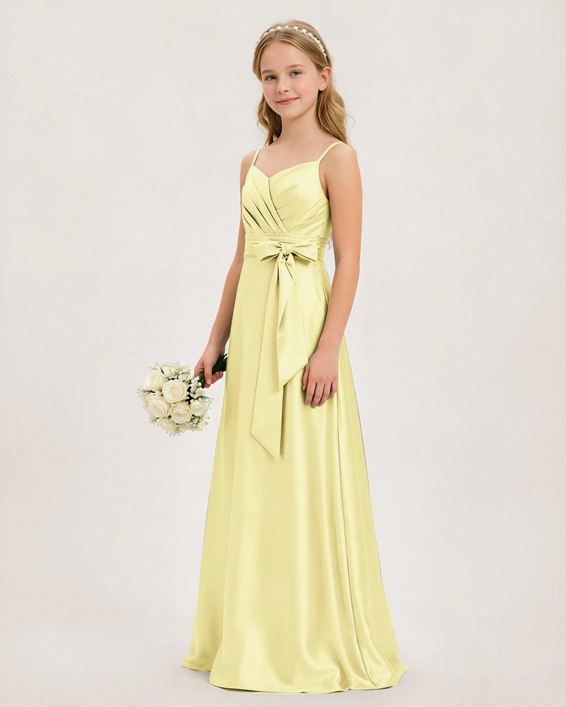 Daffodil Yellow Satin A-line Junior Bridesmaid Dress Front View