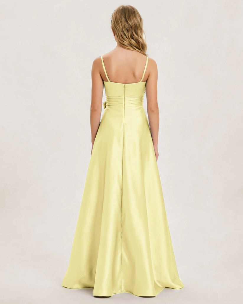 Daffodil Yellow Satin A-line Junior Bridesmaid Dress Back View