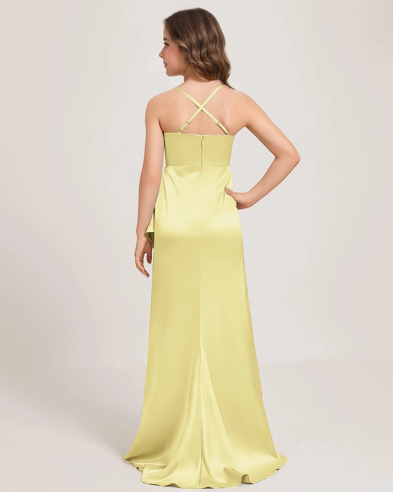 Dideyttawl Junior Bridesmaid Dress with Slit Ruffles Satin  Formal Gowns for Girls