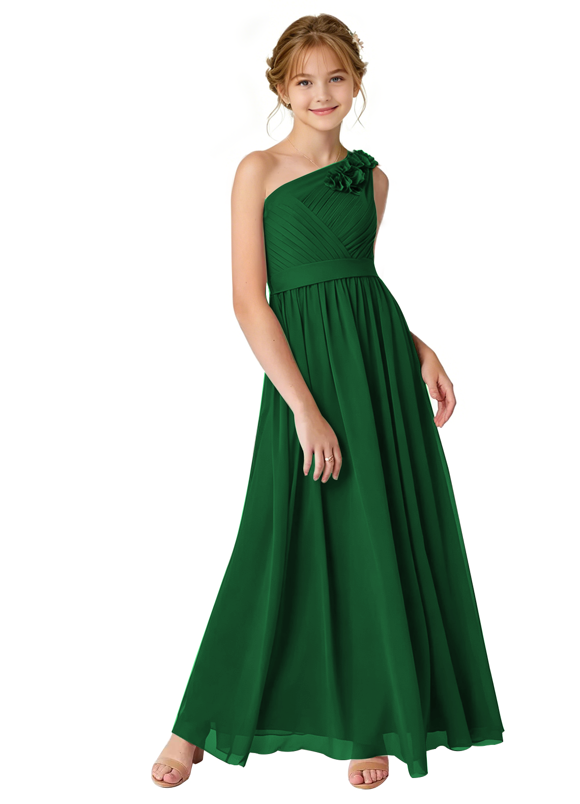dideyttawl One Shoulder Pleated Junior Bridesmaid Dresses for Wedding A-Line Chiffon 3D Flower Girls Formal Party Dress 2604