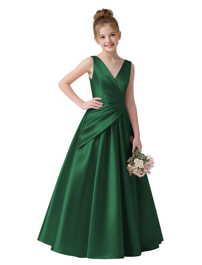 dideyttawl 2026 Pleated Satin Flower Girl Dress Junior Bridesmaid Dress Sleeveless A Line V-Neck Prom Ball Gown 2786