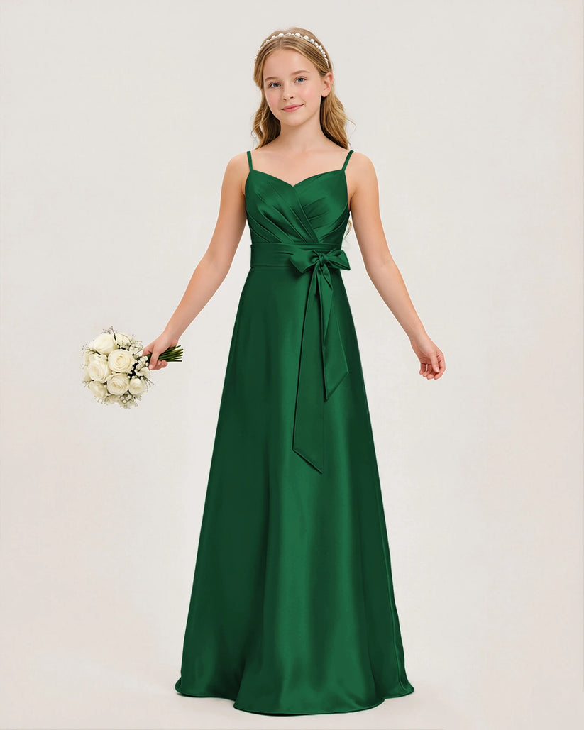Dark Green Satin A-line Junior Bridesmaid Dress Front View