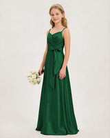 Dark Green Satin A-line Junior Bridesmaid Dress Front View