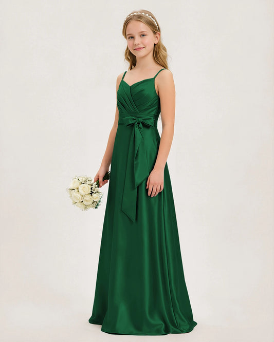 Dark Green Satin A-line Junior Bridesmaid Dress Front View