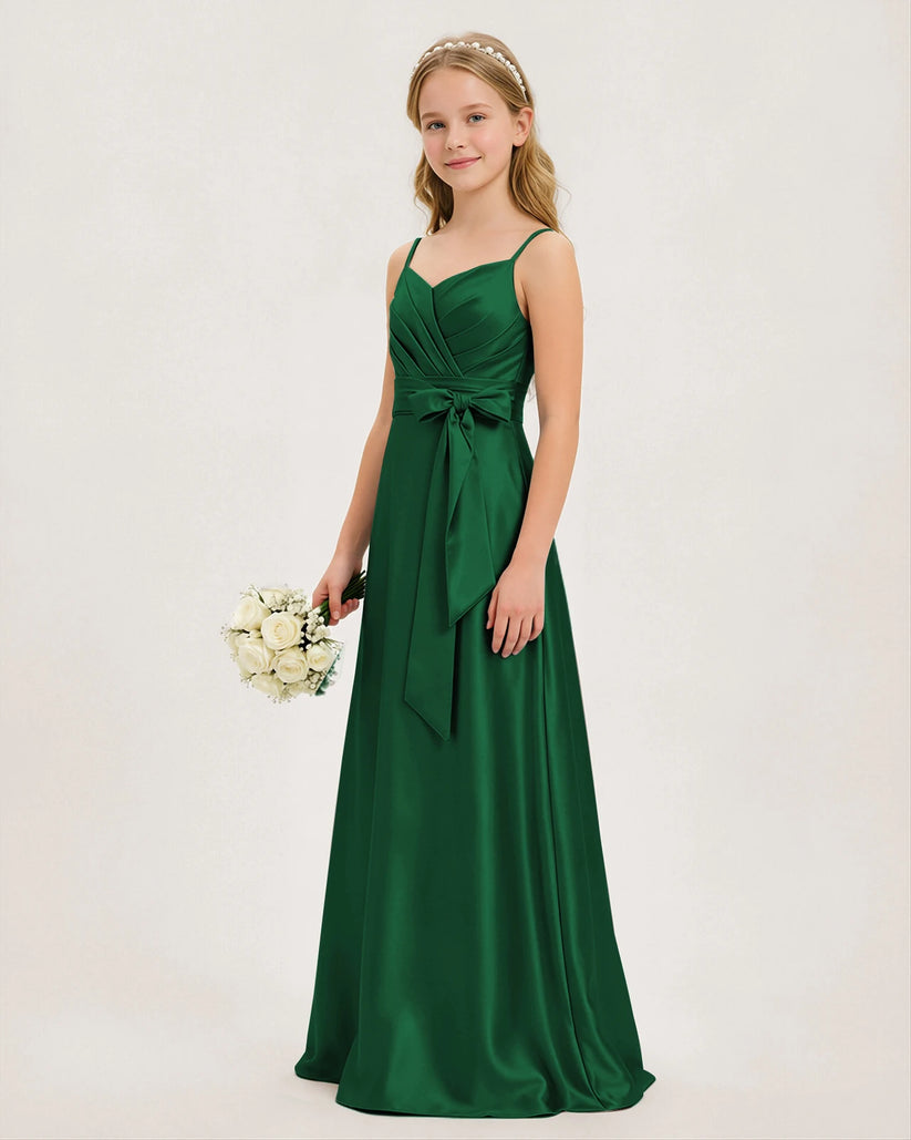 Dark Green Satin A-line Junior Bridesmaid Dress Front View