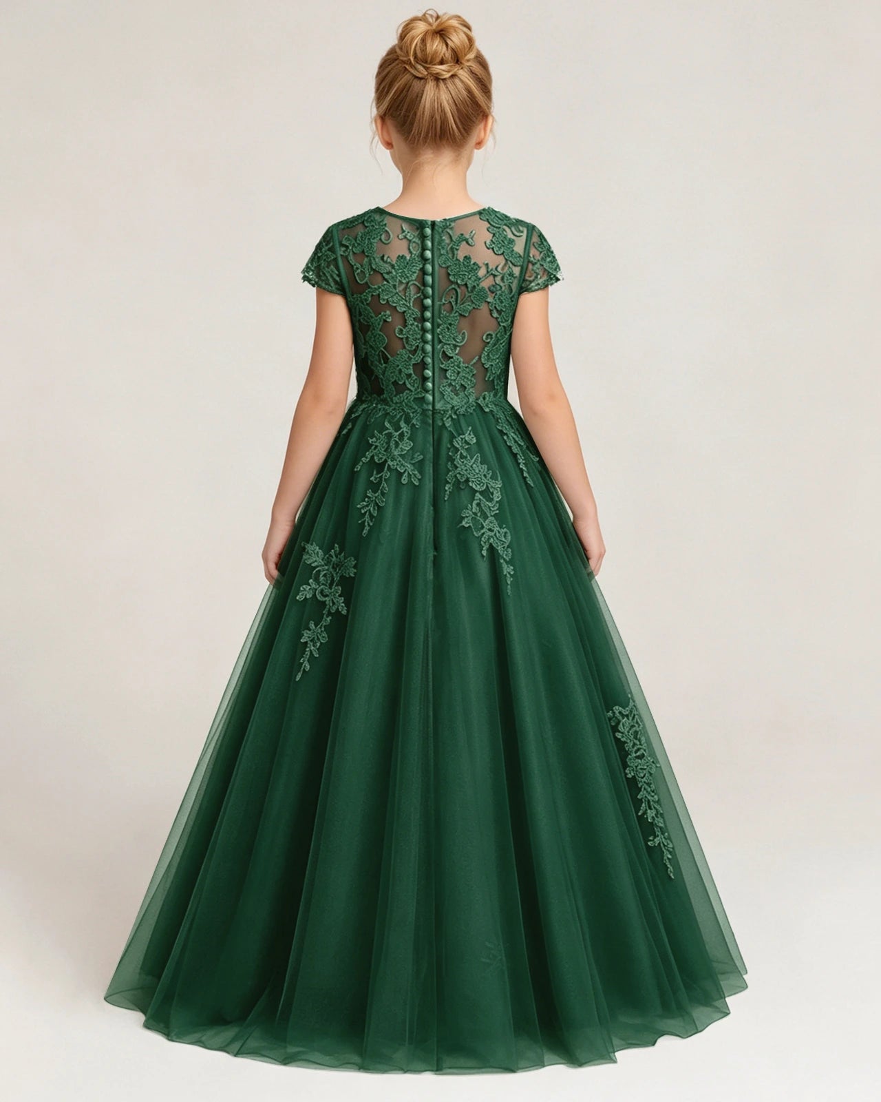 Back Dark Green Lace Flower Girls Dress