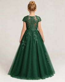 Back Dark Green Lace Flower Girls Dress