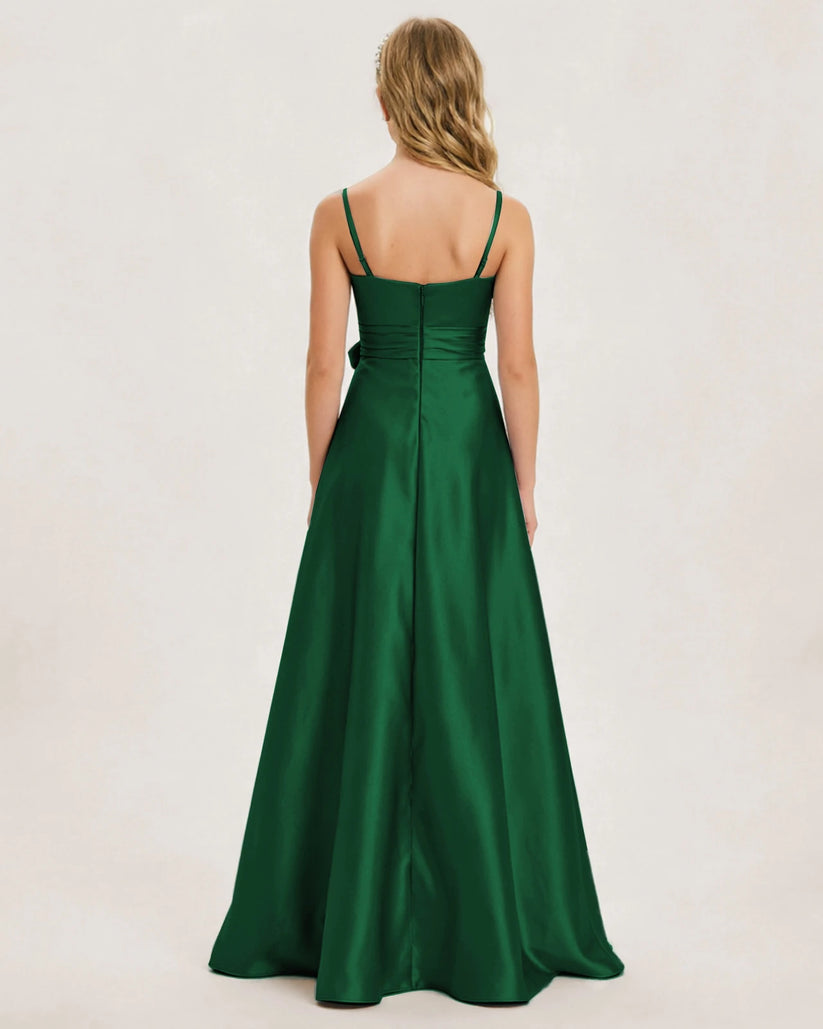 Dark Green Satin A-line Junior Bridesmaid Dress Back View