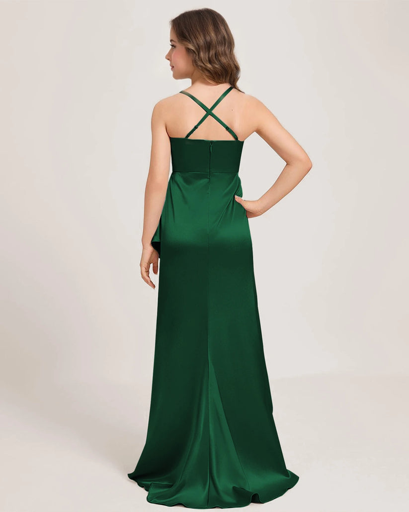 Dark Green Satin A-line Girls Formal Dress Back View