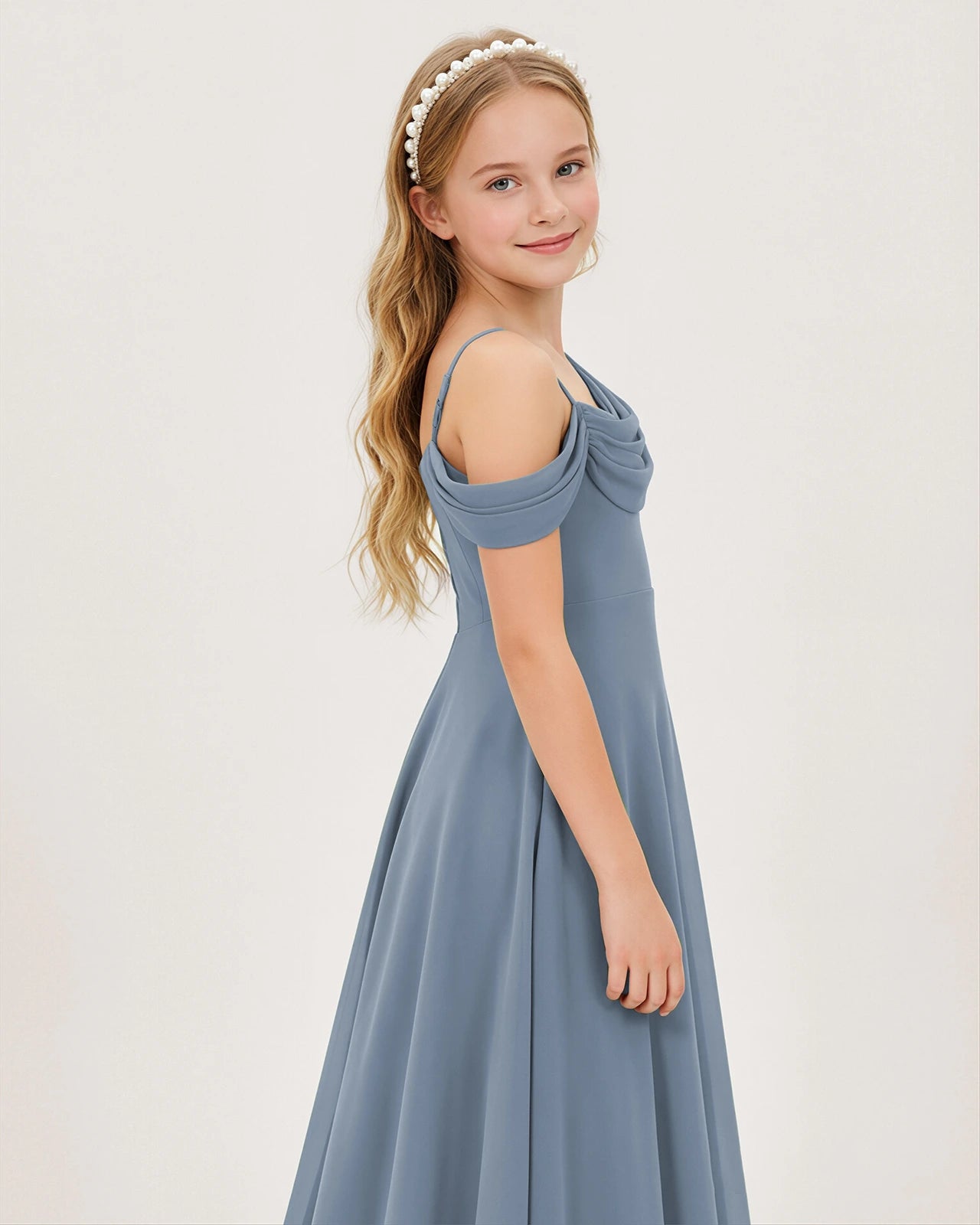 Dusty Blue Chiffon A-line Junior Bridesmaid Dress Side View