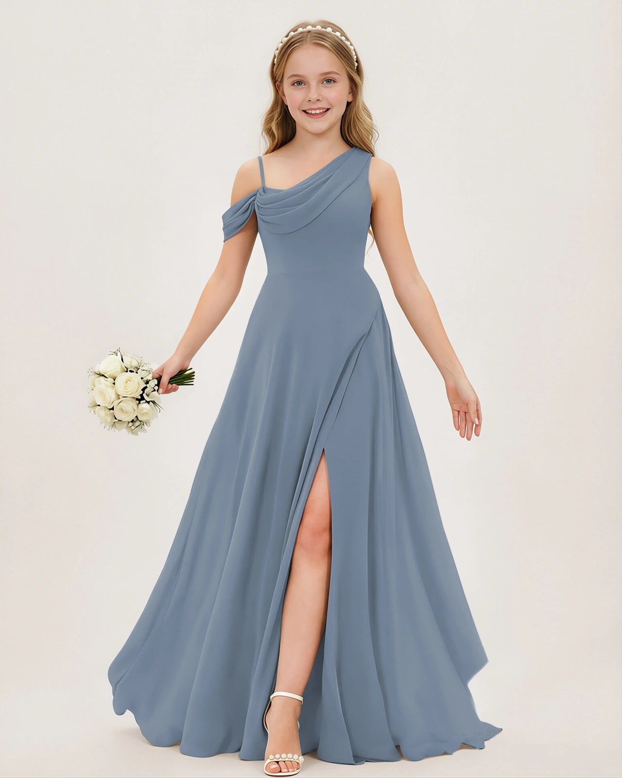 Dusty Blue Chiffon A-line Junior Bridesmaid Dress Front View