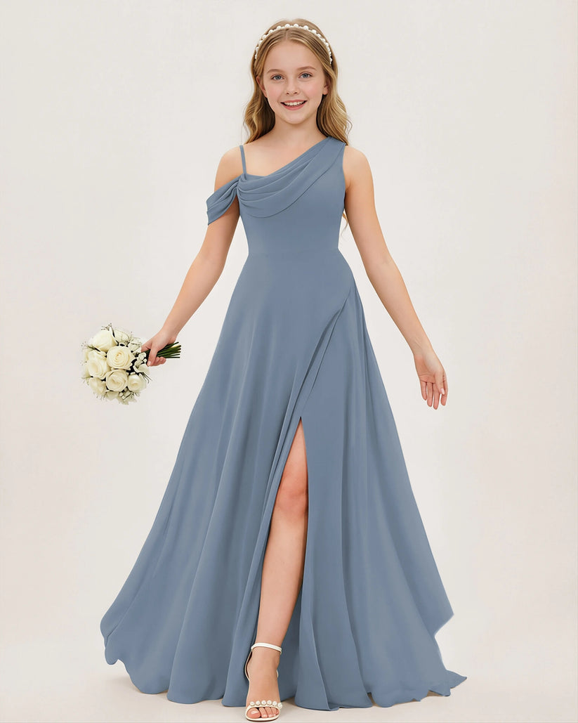 Dusty Blue Chiffon A-line Junior Bridesmaid Dress Front View