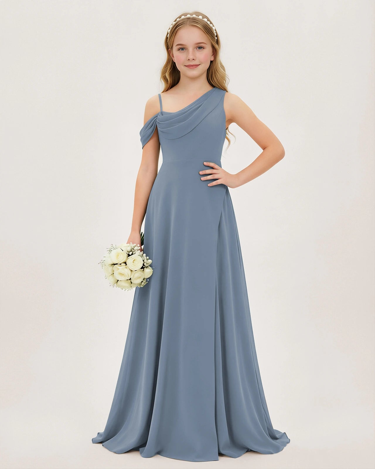 Dusty Blue Chiffon A-line Junior Bridesmaid Dress Front View
