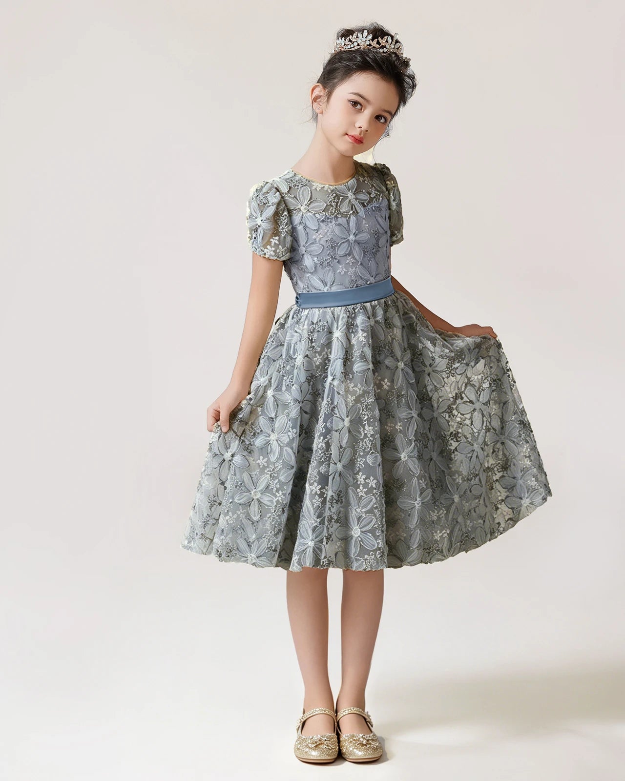 Front Dusty Blue Lace Flower Girls Dress