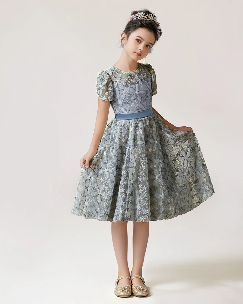 Dusty Blue Lace A-line Girls Formal Dress Front View