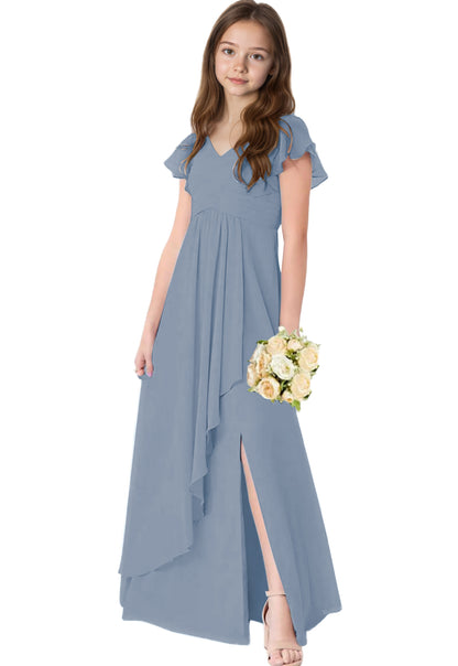 dideyttawl Chiffon Junior Bridesmaid Dresses V Neck Ruffle Sleeves Chiffon Pleated Flowy Flower Girls Dress or 4-16 2506