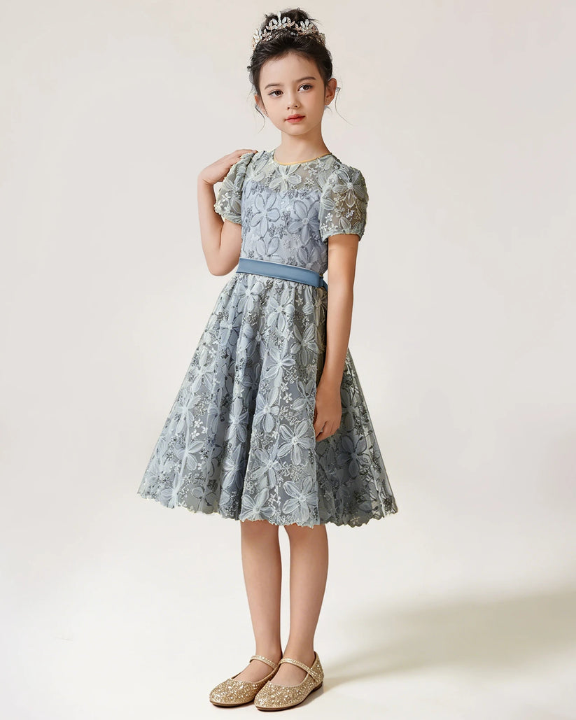 Dusty Blue Lace A-line Girls Formal Dress Front View