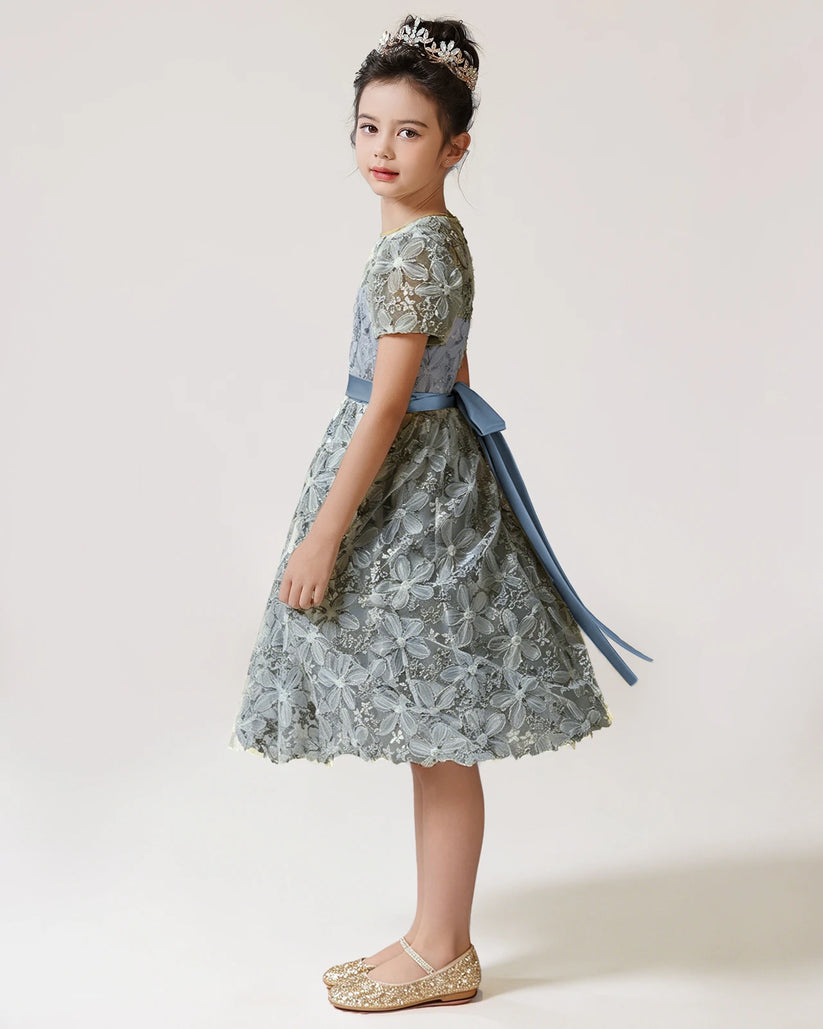 Dusty Blue Lace A-line Girls Formal Dress Side View