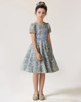 Dusty Blue Lace A-line Girls Formal Dress Front View