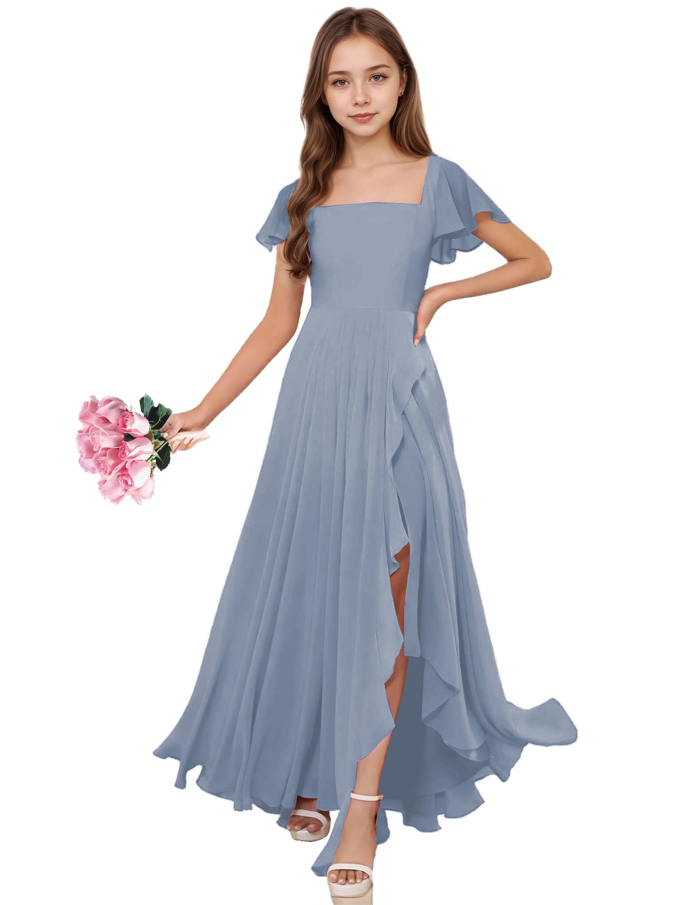 dideyttawl Junior Bridesmaid Dresses Ruffle Sleeve Square Neck Chiffon A-Line Flower Girl Dress with Slit 2508