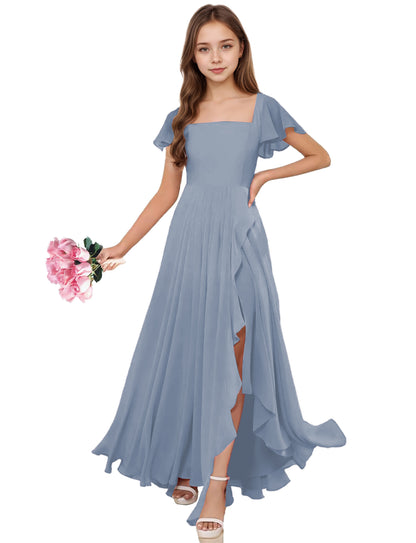 dideyttawl Junior Bridesmaid Dresses Ruffle Sleeve Square Neck Chiffon A-Line Flower Girl Dress with Slit 2508