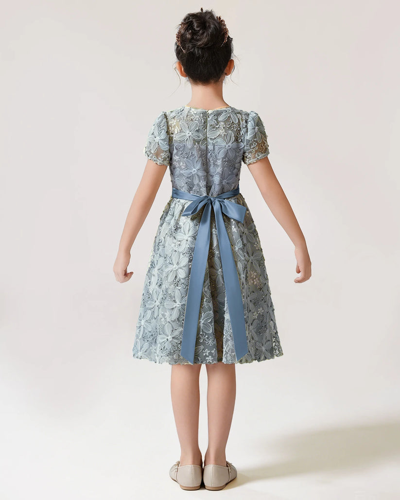 Dusty Blue Lace A-line Girls Formal Dress Back View