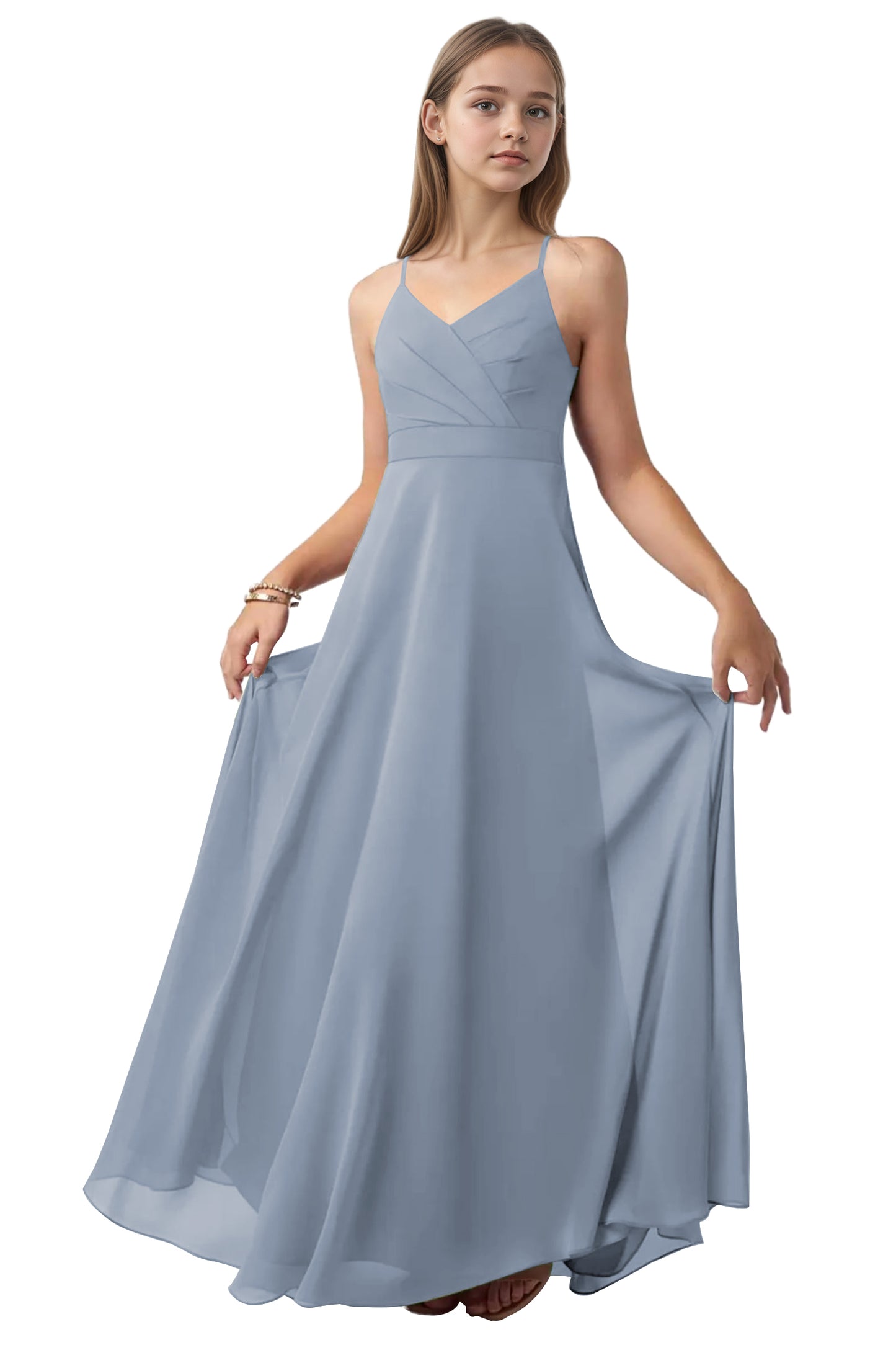 dideyttawl V-Neck Junior Bridesmaid Dress Spaghetti Straps Pleated Chiffon A-Line Flower Girl Dress 2510