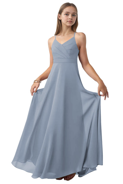 dideyttawl V-Neck Junior Bridesmaid Dress Spaghetti Straps Pleated Chiffon A-Line Flower Girl Dress 2510