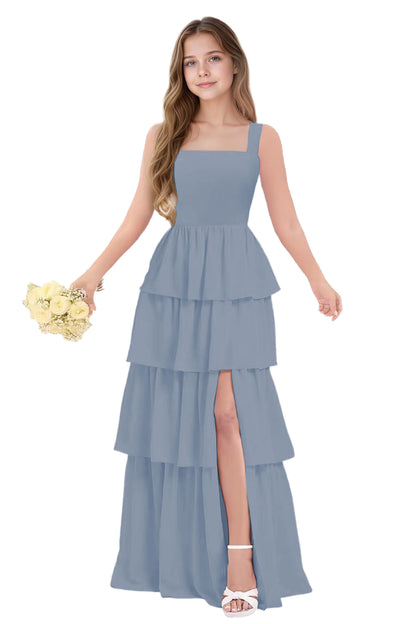 dideyttawl Junior Bridesmaid Dress Spaghetti Strap Square Neck Layered Chiffon A-Line Flower Girl Dress with Slit 2509