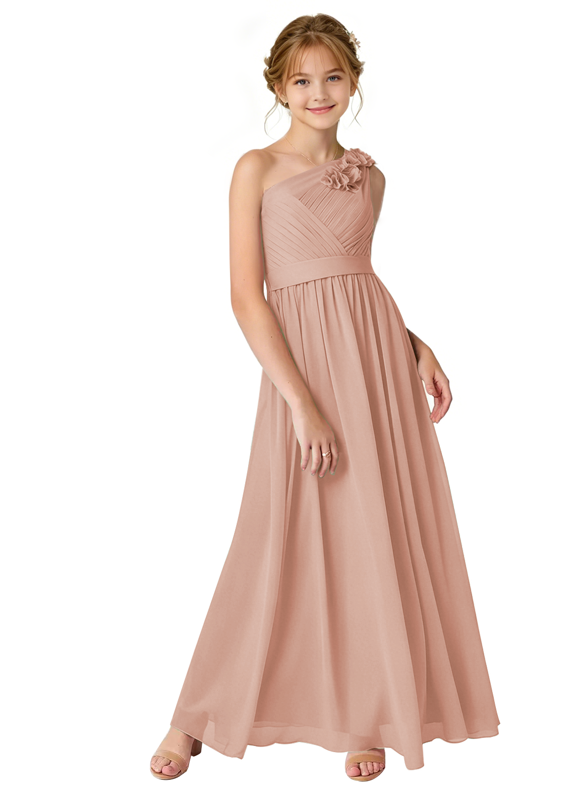 dideyttawl One Shoulder Pleated Junior Bridesmaid Dresses for Wedding A-Line Chiffon 3D Flower Girls Formal Party Dress 2604